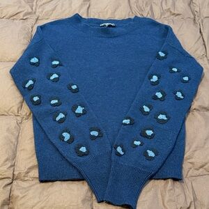 Aqua 100% cashmere Navy Sweater with Patterned Sleeves